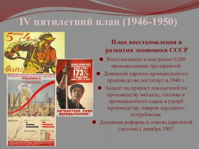 IV пятилетний план (1946-1950) План восстановления и развития экономики СССР Восстановлено