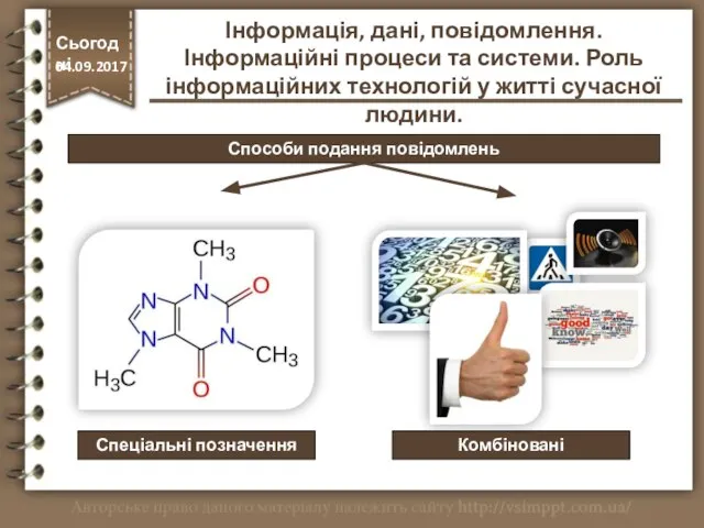 Способи подання повідомлень Спеціальні позначення Комбіновані http://vsimppt.com.ua/ Сьогодні 04.09.2017 Інформація, дані,