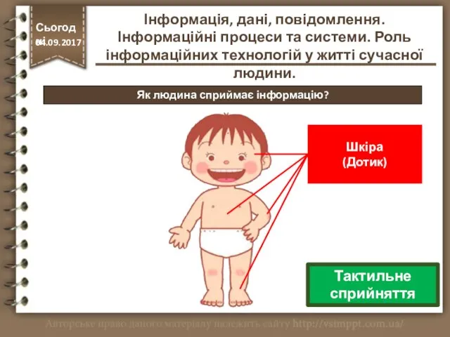 Як людина сприймає інформацію? Шкіра (Дотик) http://vsimppt.com.ua/ Сьогодні 04.09.2017 Тактильне сприйняття