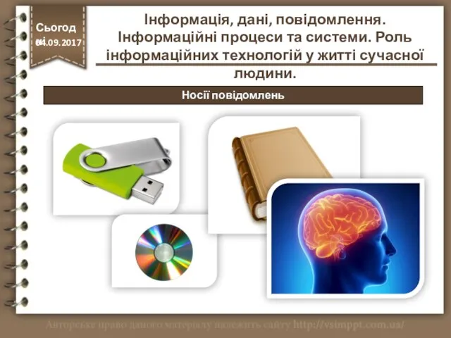 Носії повідомлень Інформація, дані, повідомлення. Інформаційні процеси та системи. Роль інформаційних