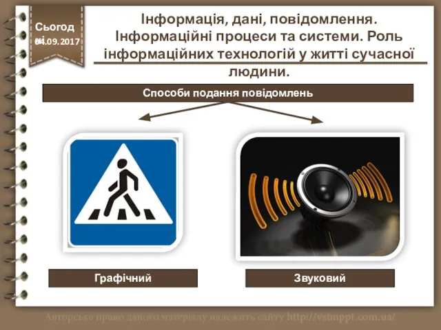 Способи подання повідомлень Графічний Звуковий http://vsimppt.com.ua/ Сьогодні 04.09.2017 Інформація, дані, повідомлення.