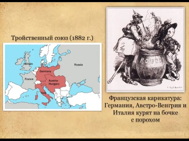 Тройственный союз (1882 г.) Французская карикатура: Германия, Австро-Венгрия и Италия курят на бочке с порохом