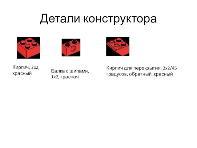 Детали конструктора Кирпич, 2x2, красный Балка с шипами, 1x2, красная Кирпич