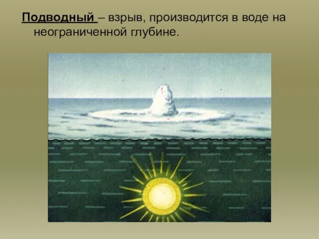 Подводный – взрыв, производится в воде на неограниченной глубине.