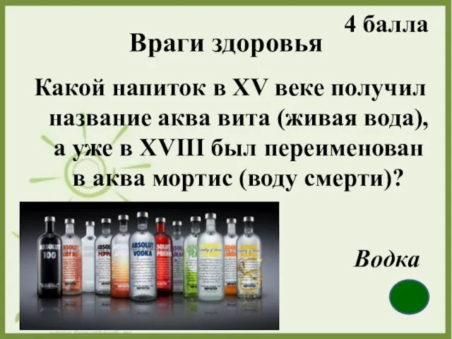 Враги здоровья Какой напиток в XV веке получил название аква вита