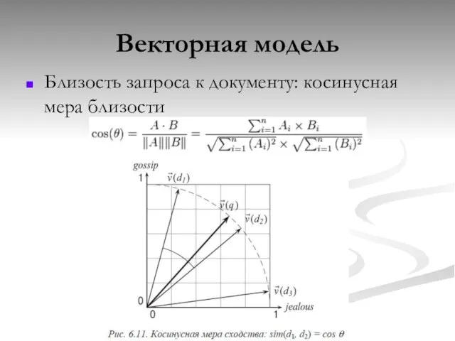 Векторная модель Близость запроса к документу: косинусная мера близости