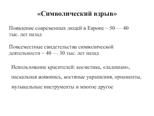 «Символический взрыв» Появление современных людей в Европе ~ 50 — 40