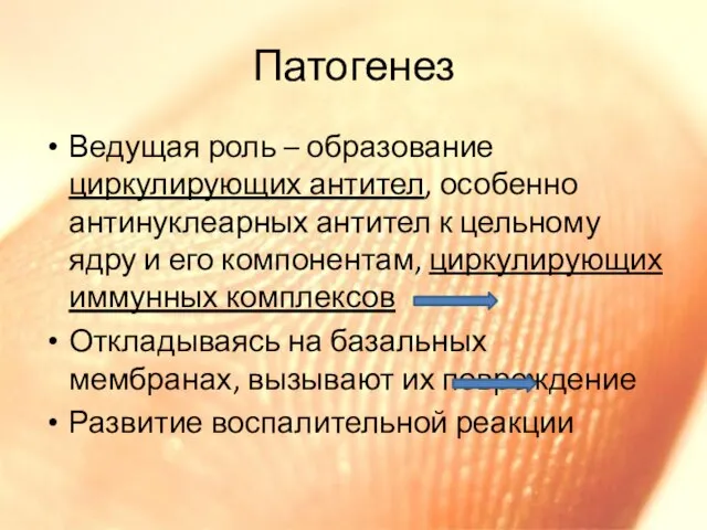 Патогенез Ведущая роль – образование циркулирующих антител, особенно антинуклеарных антител к