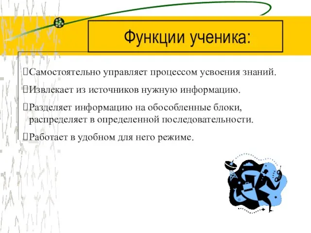 Функции ученика: Самостоятельно управляет процессом усвоения знаний. Извлекает из источников нужную