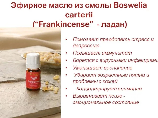 Эфирное масло из смолы Boswelia carterii (“Frankincense” - ладан) Помогает преодолеть