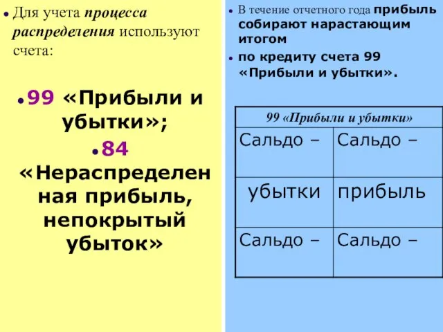 Для учета процесса распределения используют счета: 99 «Прибыли и убытки»; 84