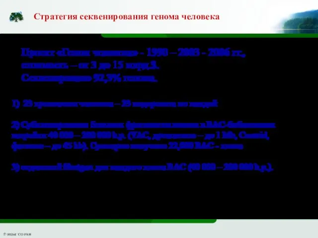 Стратегия секвенирования генома человека 1) 23 хромосомы человека – 23 подпроекта