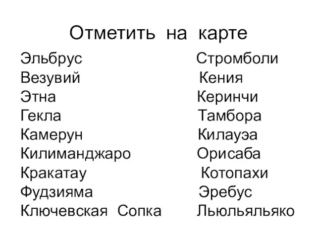 Отметить на карте Эльбрус Стромболи Везувий Кения Этна Керинчи Гекла Тамбора