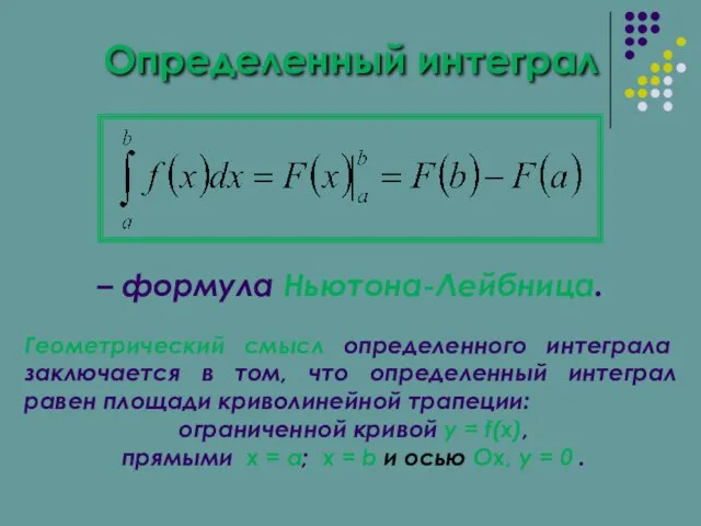 Определенный интеграл – формула Ньютона-Лейбница. Геометрический смысл определенного интеграла заключается в