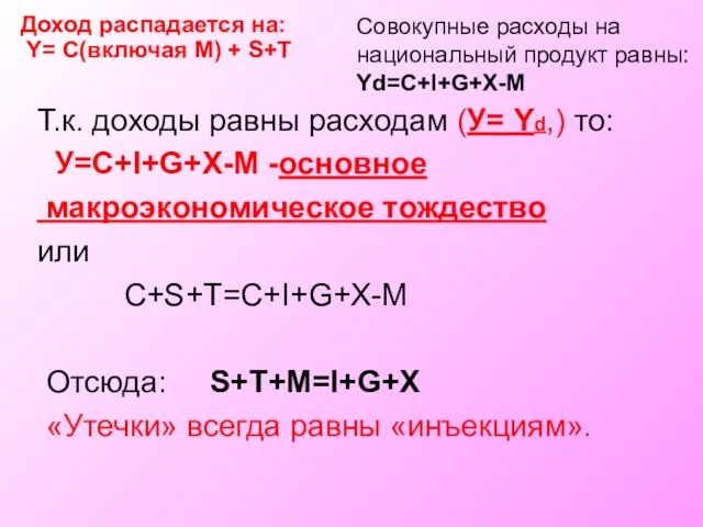 Т.к. доходы равны расходам (У= Yd,) то: У=C+I+G+X-M -основное макроэкономическое тождество