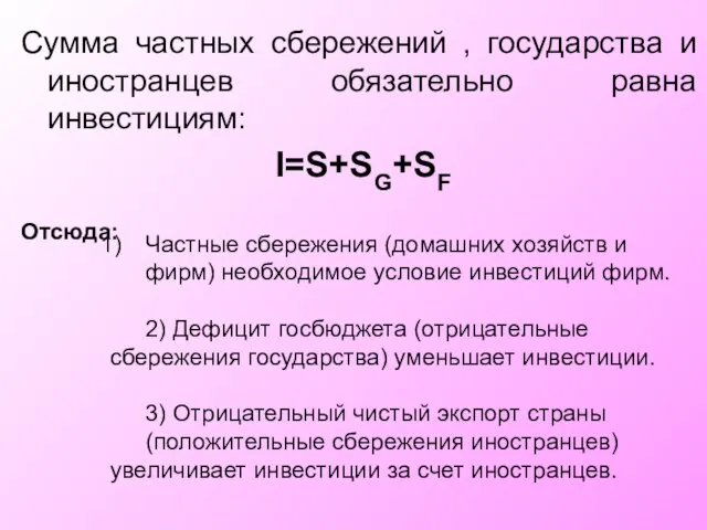 Сумма частных сбережений , государства и иностранцев обязательно равна инвестициям: I=S+SG+SF