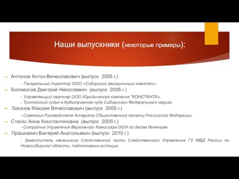 Наши выпускники (некоторые примеры): Антонов Антон Вячеславович (выпуск 2005 г.) -