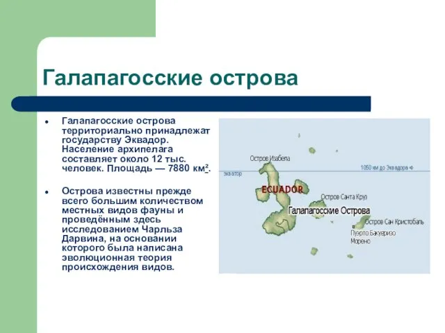 Галапагосские острова Галапагосские острова территориально принадлежат государству Эквадор. Население архипелага составляет