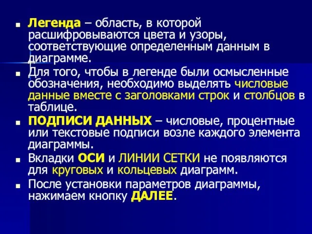 Легенда – область, в которой расшифровываются цвета и узоры, соответствующие определенным