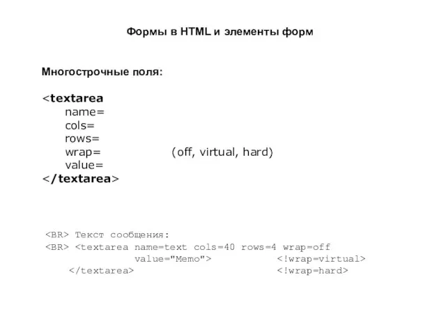 Формы в HTML и элементы форм Текст сообщения: value="Memo"> Многострочные поля: