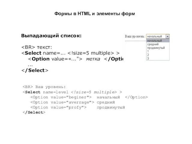 Формы в HTML и элементы форм Выпадающий список: текст: > метка