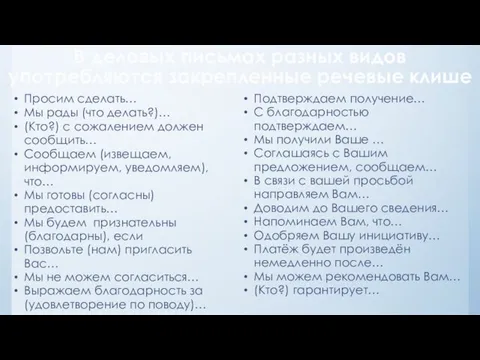 В деловых письмах разных видов употребляются закрепленные речевые клише Просим сделать…