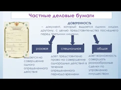 Частные деловые бумаги ДОВЕРЕННОСТЬ – документ, который выдается одним лицом другому,