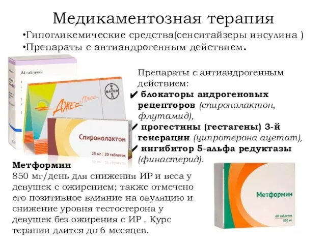 Медикаментозная терапия Гипогликемические средства(сенситайзеры инсулина ) Препараты с антиандрогенным действием. Метформин