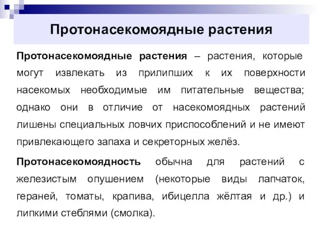 Протонасекомоядные растения Протонасекомоядные растения – растения, которые могут извлекать из прилипших