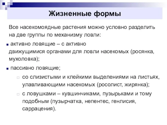 Жизненные формы Все насекомоядные растения можно условно разделить на две группы