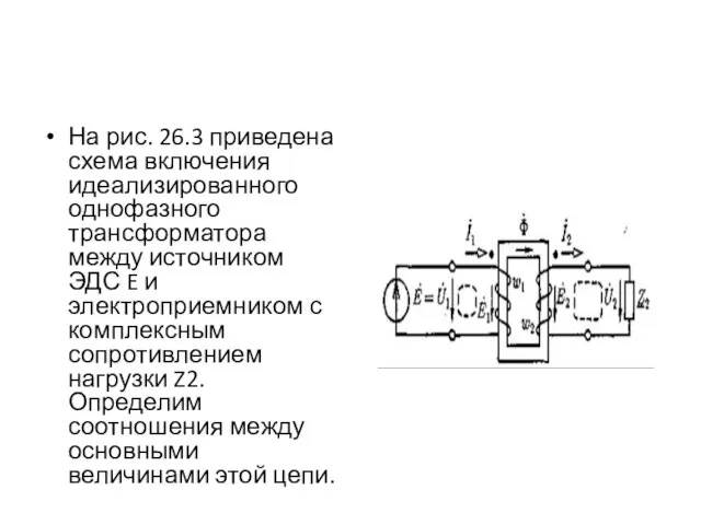 На рис. 26.3 приведена схема включения идеализированного однофазного трансформатора между источником