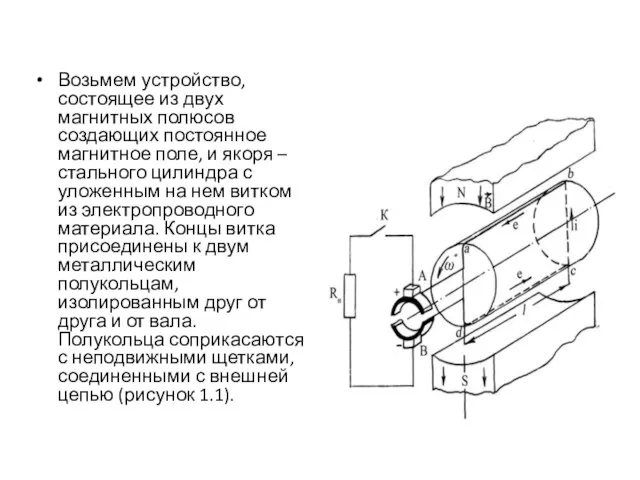 Возьмем устройство, состоящее из двух магнитных полюсов создающих постоянное магнитное поле,