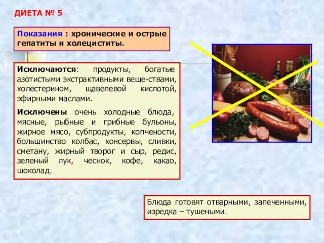 ДИЕТА № 5 Показания : хронические и острые гепатиты и холециститы.