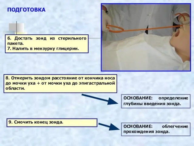 9. Смочить конец зонда. ПОДГОТОВКА 6. Достать зонд из стерильного пакета.