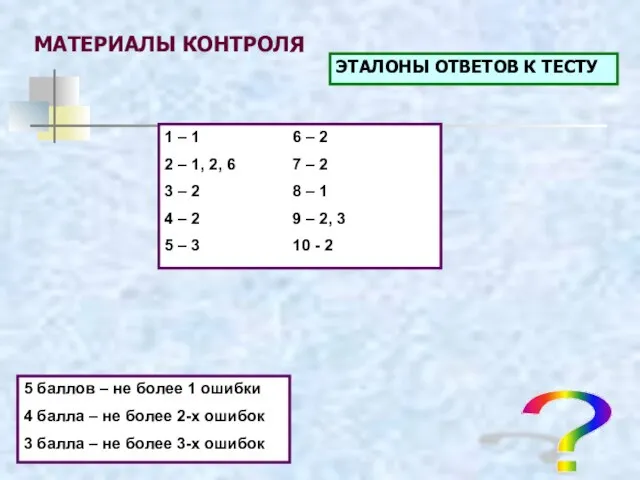 МАТЕРИАЛЫ КОНТРОЛЯ ЭТАЛОНЫ ОТВЕТОВ К ТЕСТУ ? 1 – 1 6