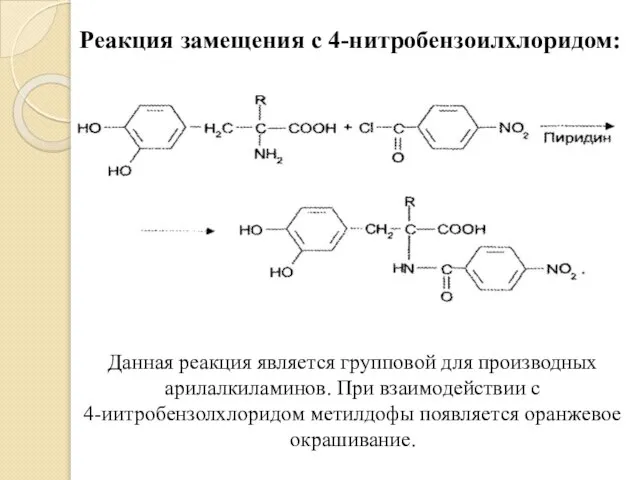 Реакция замещения с 4-нитробензоилхлоридом: Данная реакция является групповой для производных арилалкиламинов.