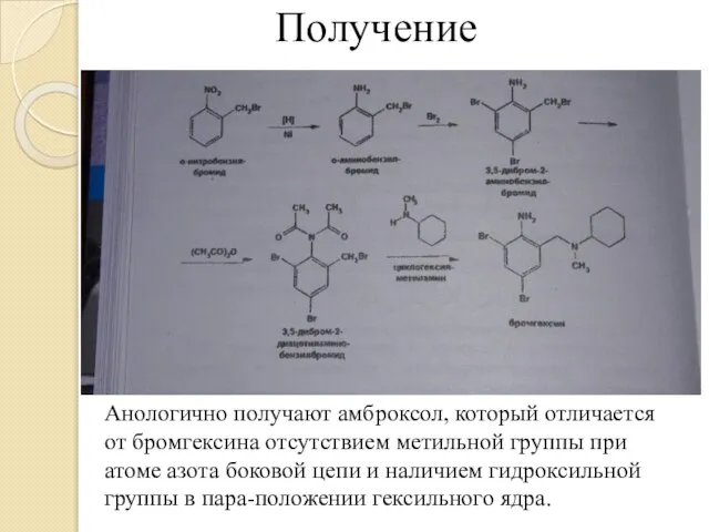 Получение Анологично получают амброксол, который отличается от бромгексина отсутствием метильной группы