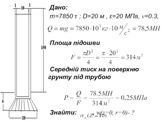 Дано: m=7850 т ; D=20 м , ε=20 МПа, v=0.3, Площа