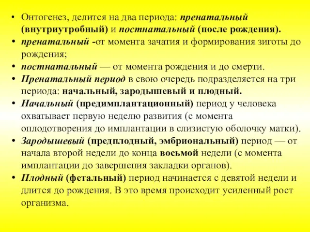 Онтогенез, делится на два периода: пренатальный (внутриутробный) и постнатальный (после рождения).