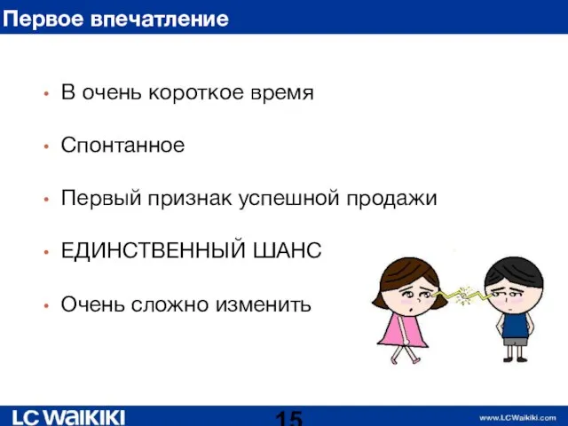 В очень короткое время Спонтанное Первый признак успешной продажи ЕДИНСТВЕННЫЙ ШАНС Очень сложно изменить Первое впечатление