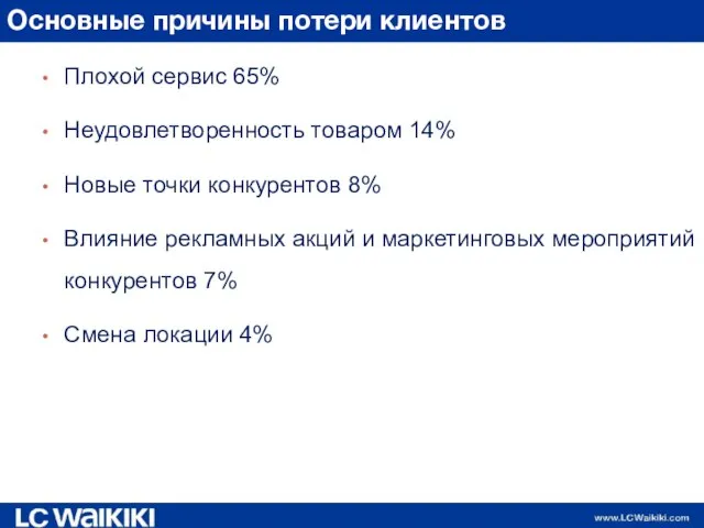 Основные причины потери клиентов Плохой сервис 65% Неудовлетворенность товаром 14% Новые