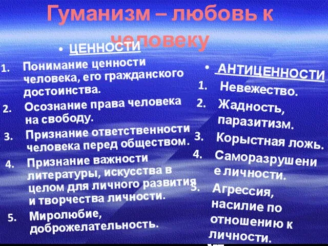 Гуманизм – любовь к человеку ЦЕННОСТИ Понимание ценности человека, его гражданского