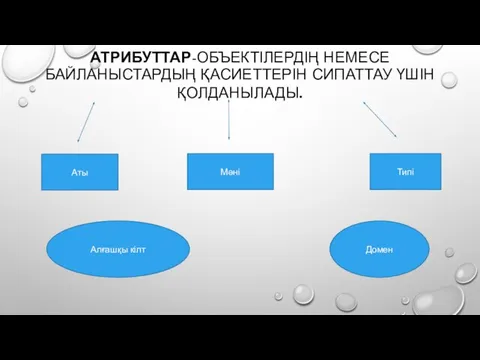 АТРИБУТТАР-ОБЪЕКТІЛЕРДІҢ НЕМЕСЕ БАЙЛАНЫСТАРДЫҢ ҚАСИЕТТЕРІН СИПАТТАУ ҮШІН ҚОЛДАНЫЛАДЫ. Аты Мәні Типі Алғашқы кілт Домен