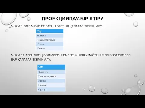 ПРОЕКЦИЯЛАУ.БІРІКТІРУ МЫСАЛ. БӨЛІМ БАР БОЛАТЫН БАРЛЫҚ ҚАЛАЛАР ТІЗІМІН АЛУ. МЫСАЛ2. АГЕНТІКТІҢ