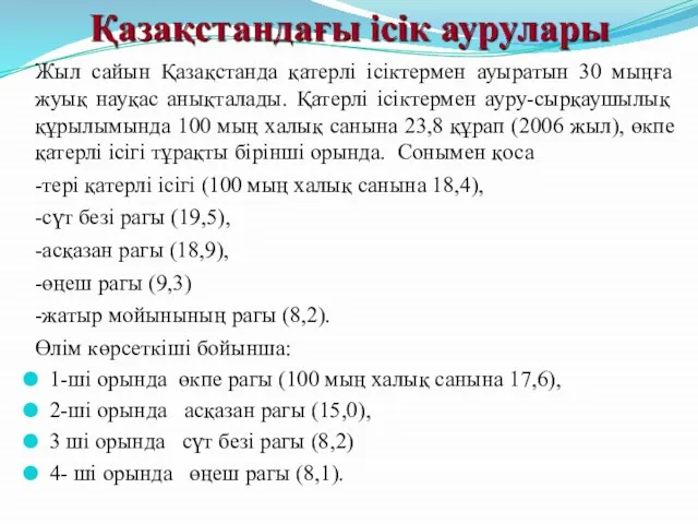 Жыл сайын Қазақстанда қатерлі ісіктермен ауыратын 30 мыңға жуық науқас анықталады.