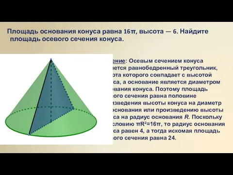 Площадь основания конуса равна 16π, высота — 6. Найдите площадь осевого