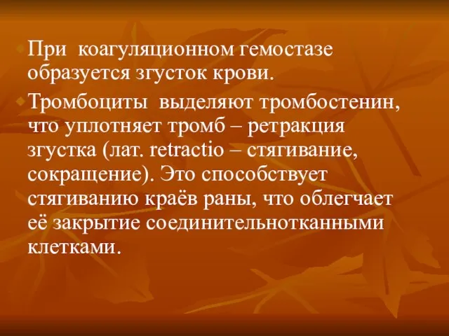 При коагуляционном гемостазе образуется згусток крови. Тромбоциты выделяют тромбостенин, что уплотняет