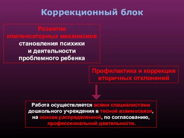 Коррекционный блок Развитие компенсаторных механизмов становления психики и деятельности проблемного ребенка