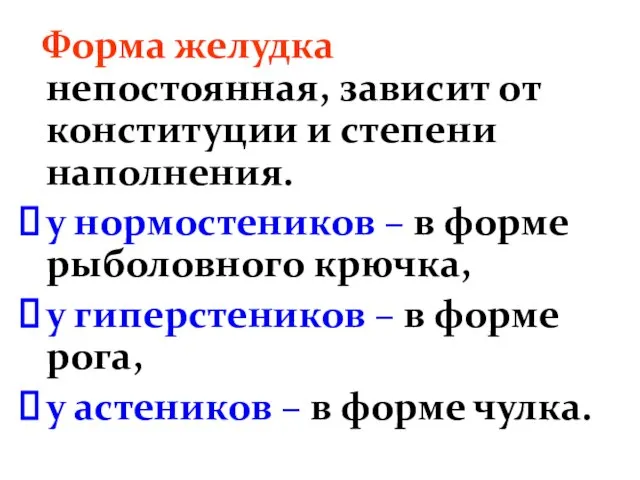 Форма желудка непостоянная, зависит от конституции и степени наполнения. у нормостеников