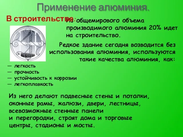 Применение алюминия. Из общемирового объема производимого алюминия 20% идет на строительство.